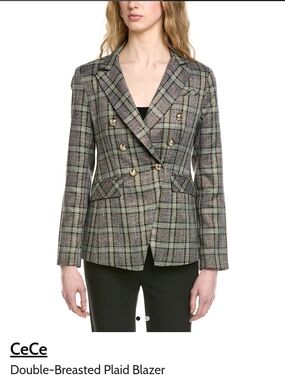 2 Piece Set CeCe Gray and Green Plaid Double-Button Mini Skirt & Blazer. Nwt Sz6